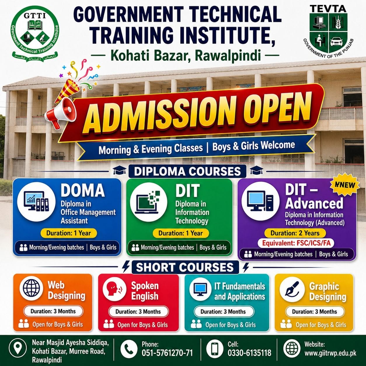 DIT 1 year dit 2 year doma 1 year GTTIkohatibazar regular courses admission